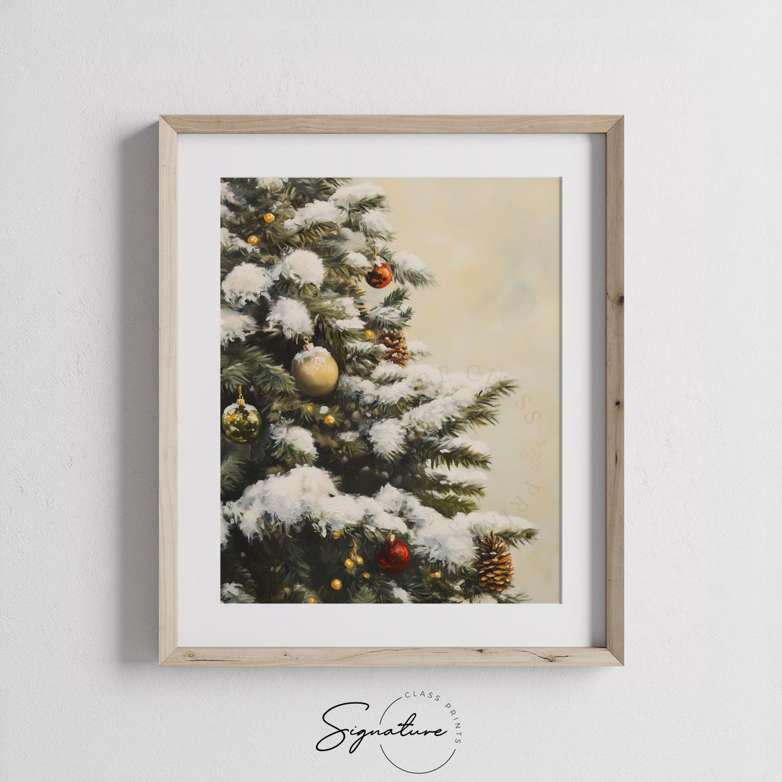 Snow Covered Christmas Tree with Red and Gold Ornaments Poster - Image 2