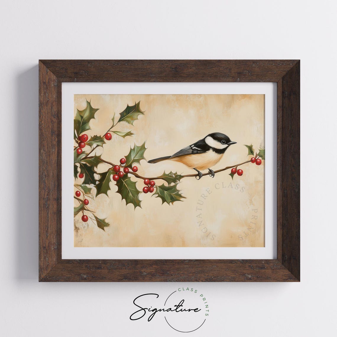 Black Capped Chickadee With Holly Berries Christmas Bird Print - Image 4