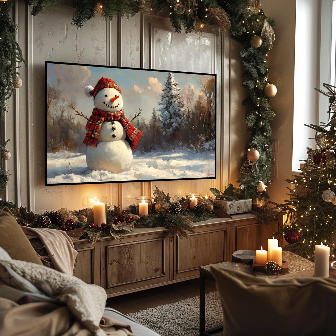 Cheerful Snowman in Plaid Hat and Scarf Snowy Landscape Art Poster - Image 3