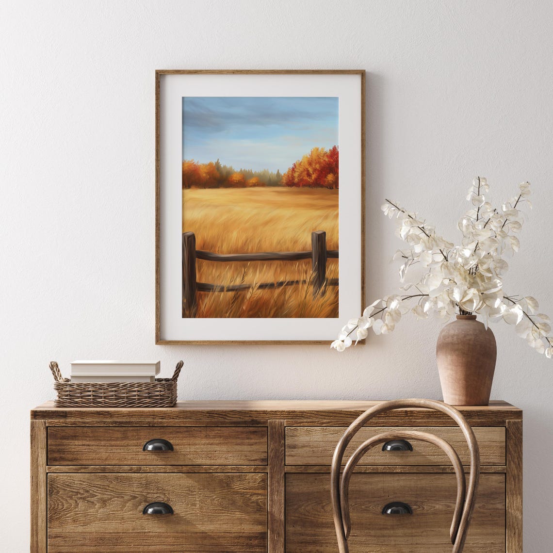 Golden Field and Rustic Rail Fence Under Autumn Sky Landscape Poster - Image 5