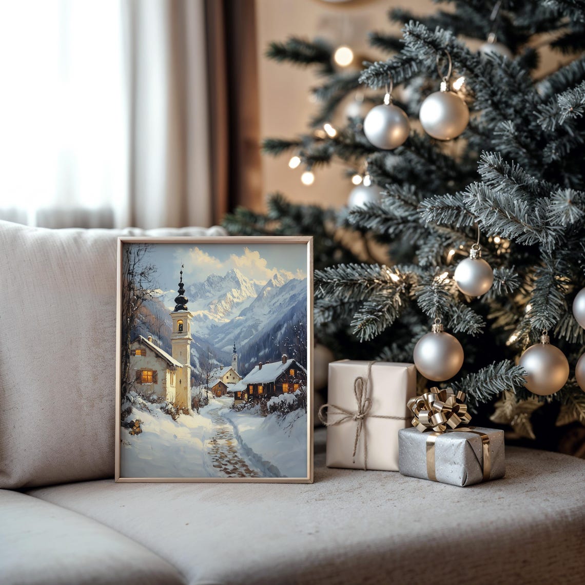 Alpine Village with Tall Church Bell Tower in Snow Winter Poster - Image 6