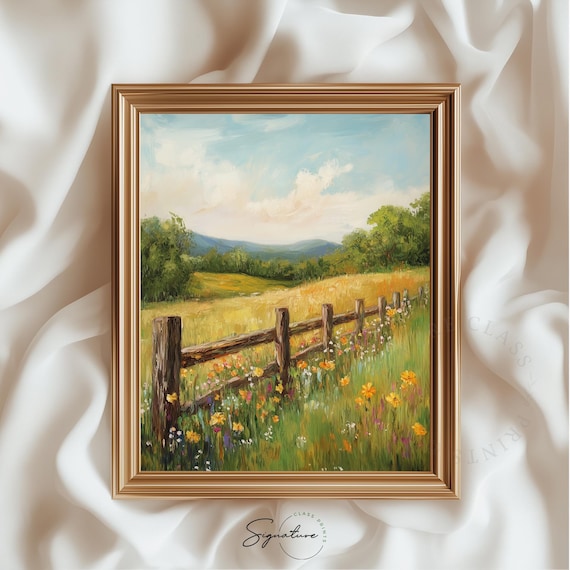 Rustic Wooden Fence Wildflower Meadow Country Landscape Painting Poster
