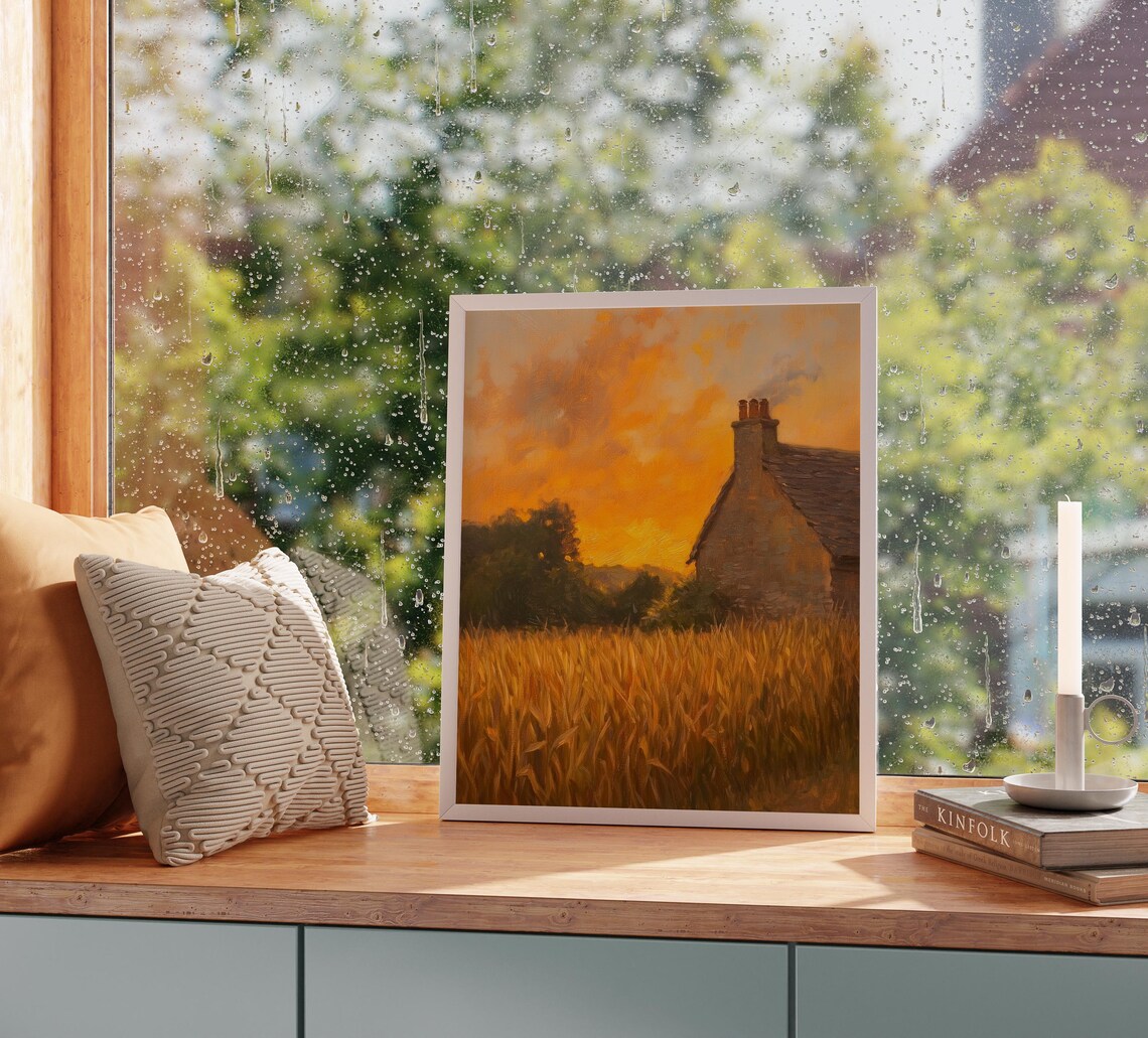 Stone Cottage in a Golden Wheat Field at a Fiery Autumn Sunset Poster - Image 2