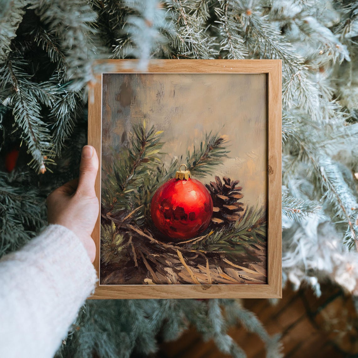 Red Christmas Ornament With Pinecone and Evergreen Branches Poster - Image 6