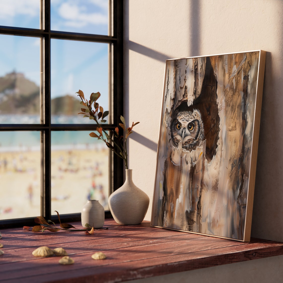 Curious Owl Peeking From Tree Hollow Woodland Bird Painting Poster - Image 5
