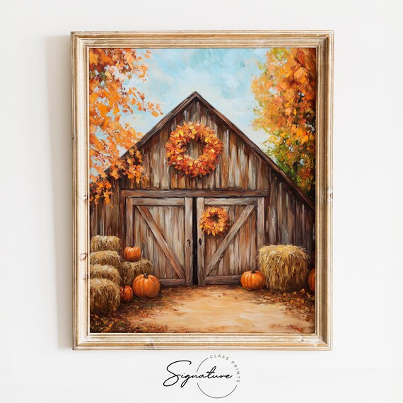 Rustic Barn Fall Wreath Pumpkins Hay Bales Farmhouse Art Poster