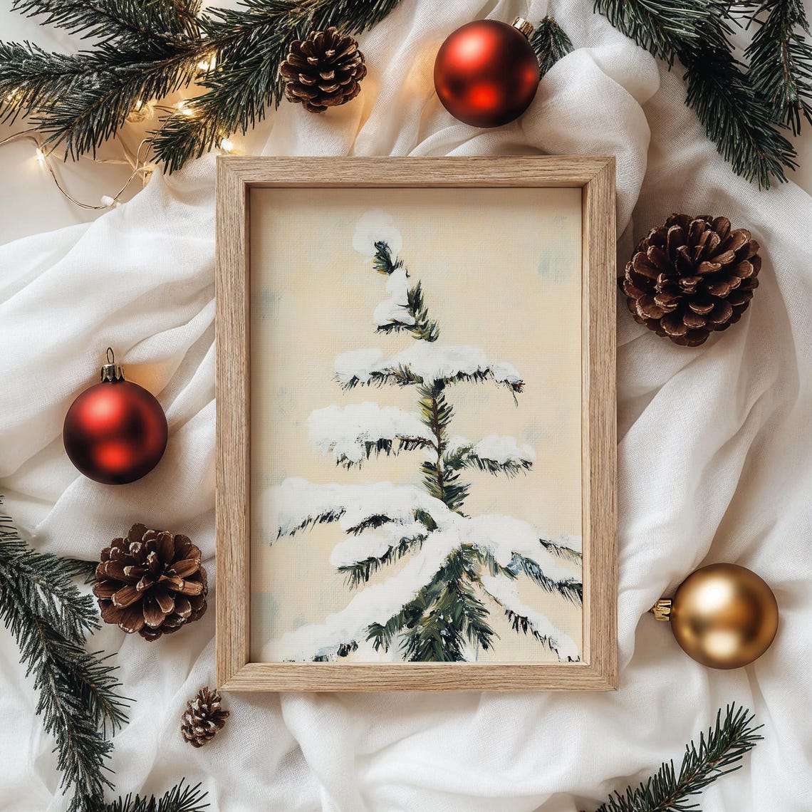 Snow Covered Fir Branch Against a Warm Beige Sky Winter Poster - Image 4