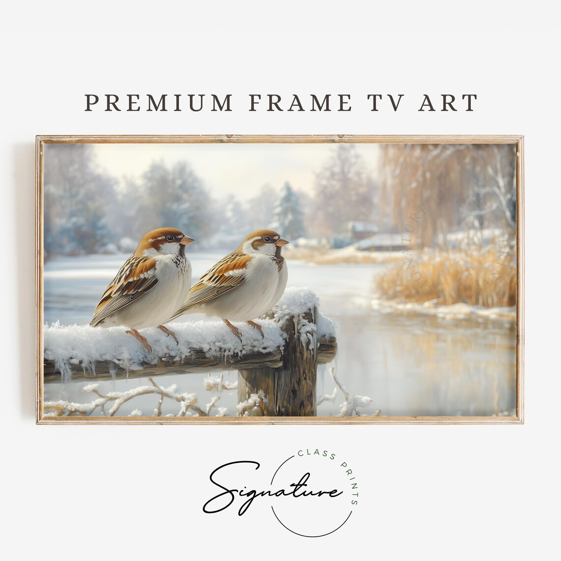 Two Sparrows on Snowy Fence Post by Frozen Lake Winter Bird Poster