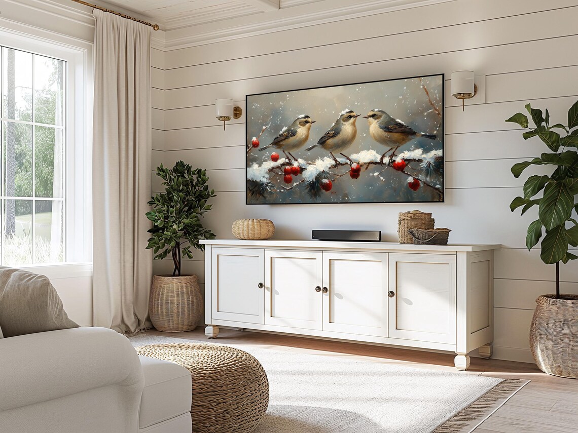 Goldcrest Trio Snowy Branch Red Berries Winter Birds Falling Snow Poster - Image 3