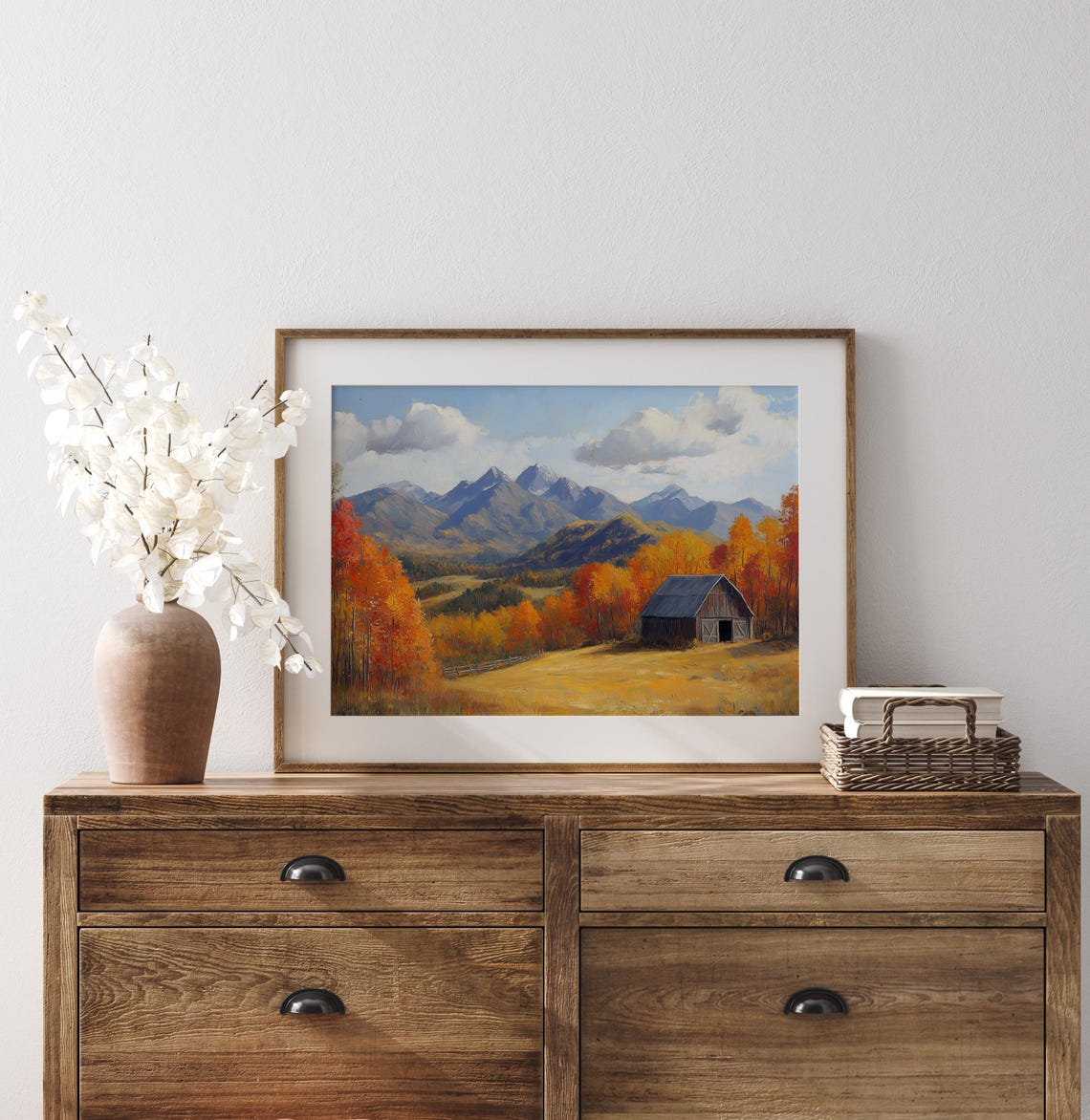 Rustic Wooden Barn Fall Foliage Mountain Panorama Painting Print - Image 3