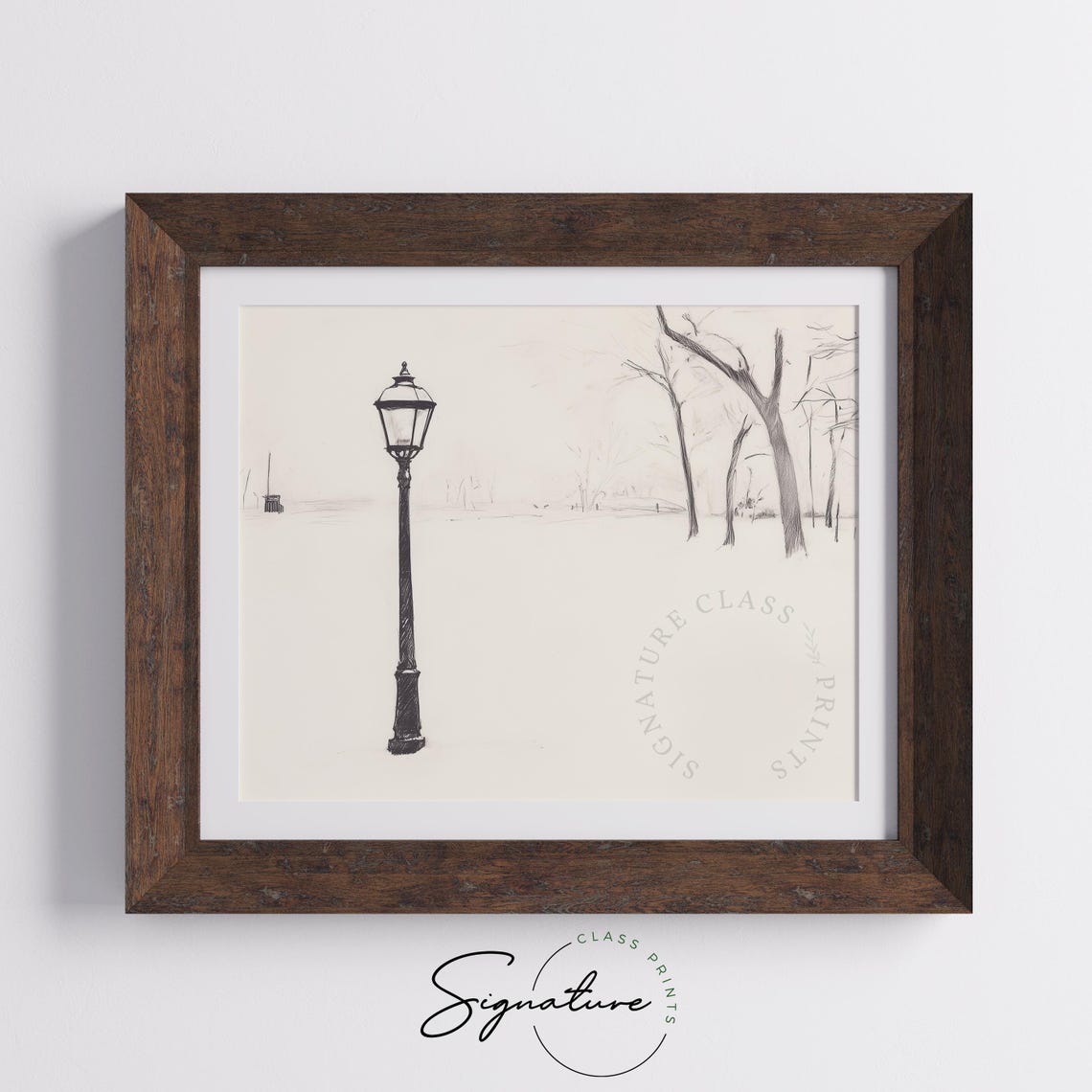 Vintage Streetlamp In Snowy Park Ink Sketch Minimalist Winter Wall Art - Image 5