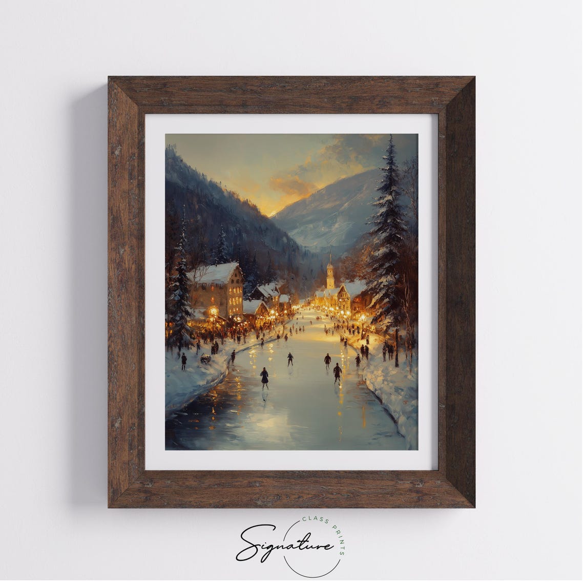Sunset Ice Skaters on Frozen River in Alpine Village Glow Poster - Image 3