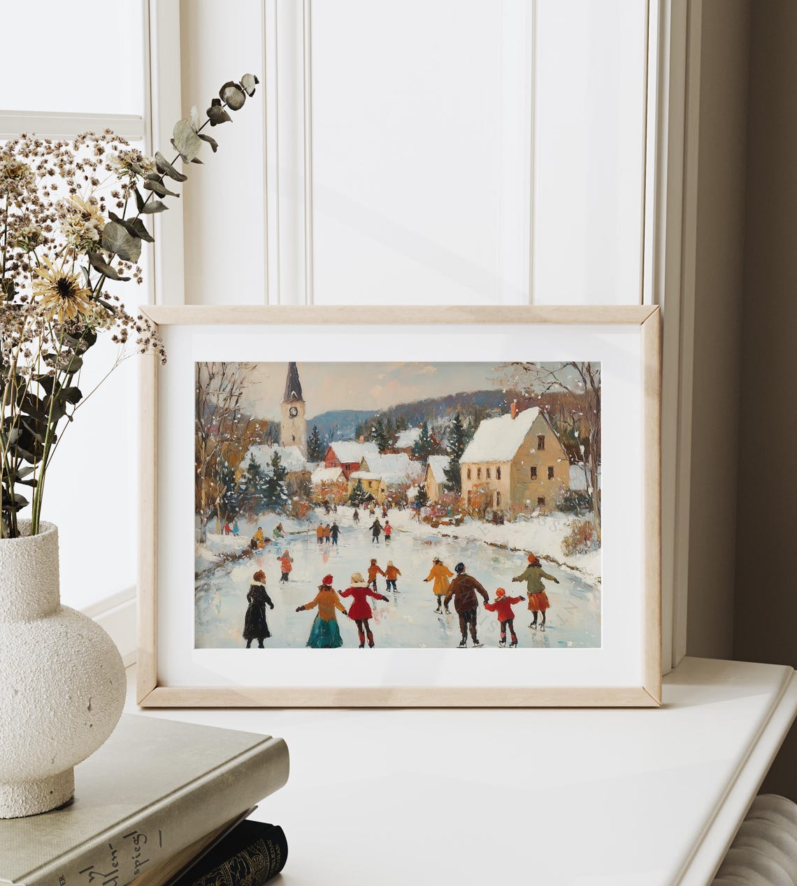 Snowy Village Ice Skating Scene With Church Steeple Clock Poster - Image 6