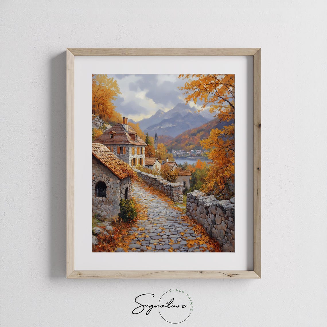 Alpine Autumn Village Cobblestone Lane Mountains Lake View Poster - Image 3