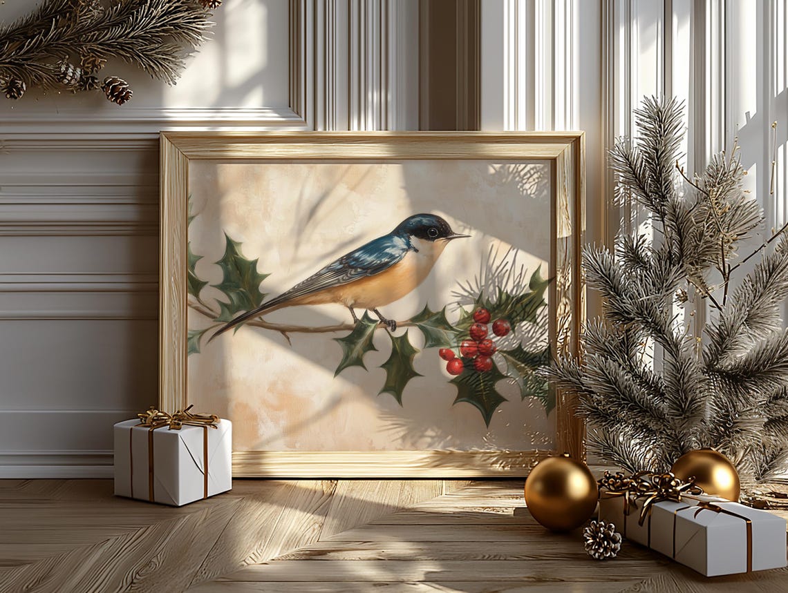 Elegant Barn Swallow With Holly Berries Christmas Bird Art Poster - Image 6