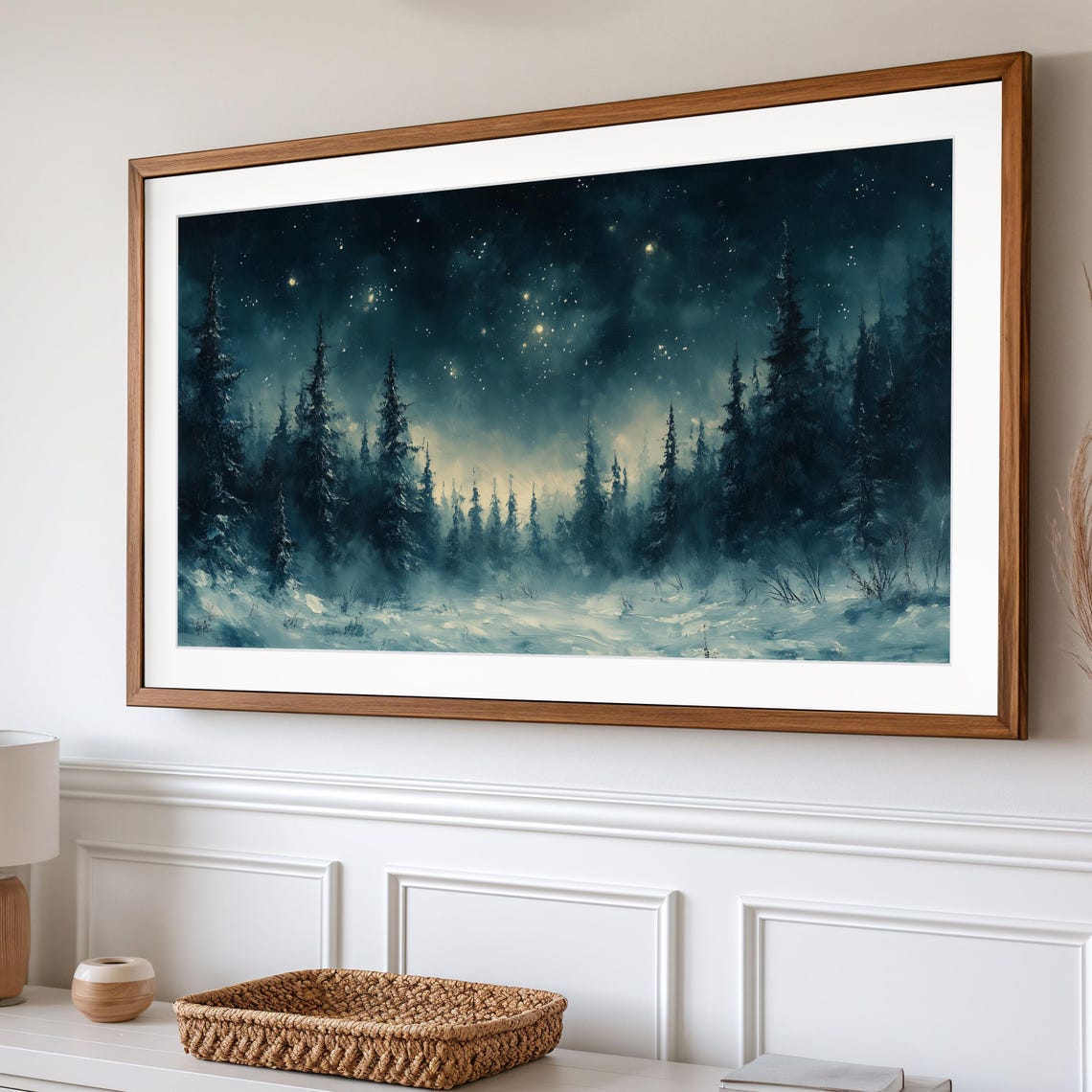 Snowy Winter Forest Under Stars Misty Moonlit Pines Night Scene Poster - Image 2