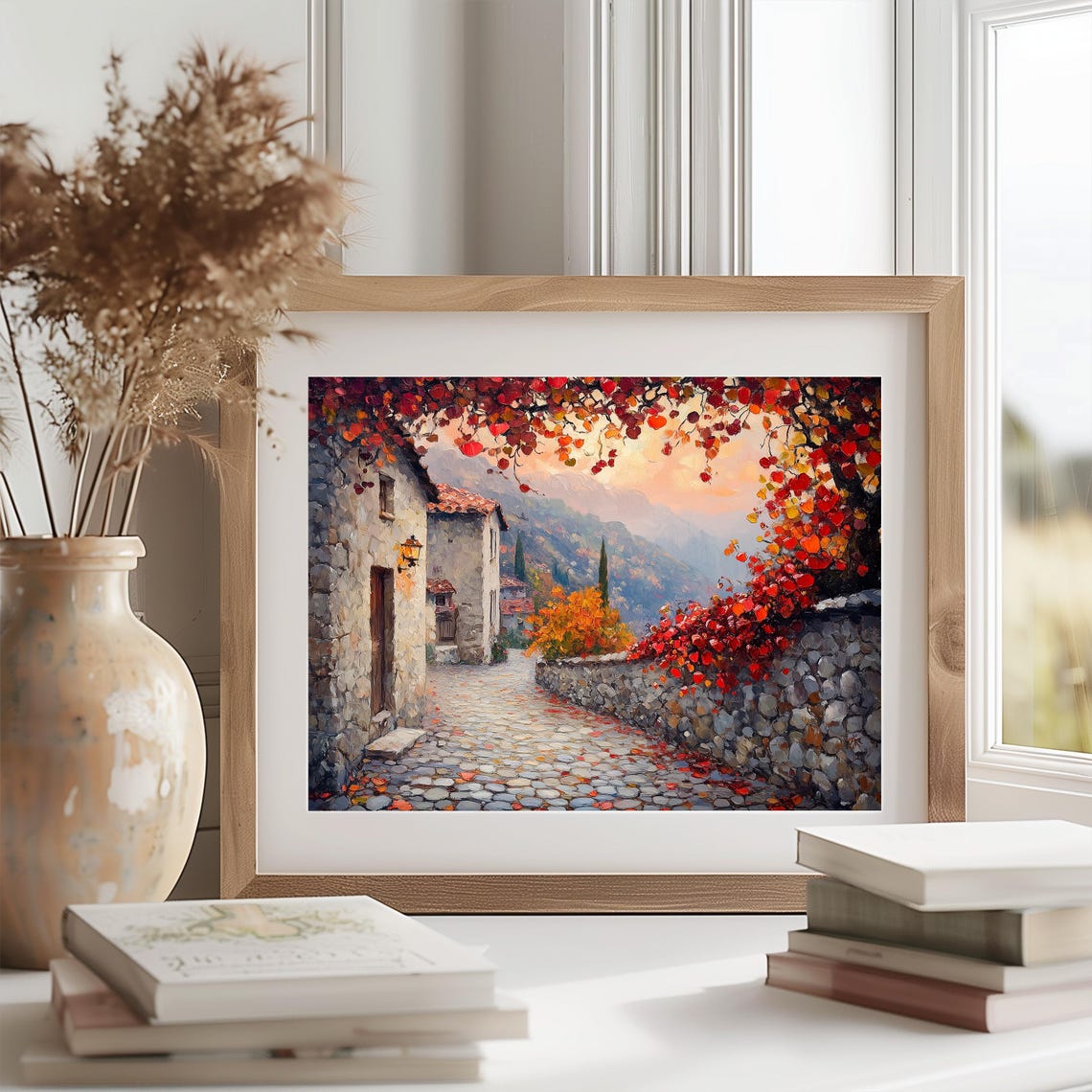 Cobblestone Village Lane Autumn Vines Stone Wall Rustic Fall Wall Art - Image 2