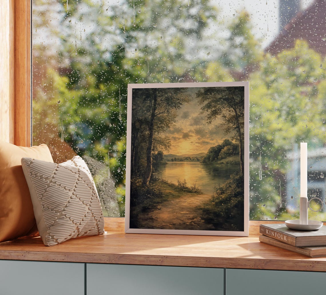Golden Light On A Peaceful River Serene Rustic Landscape Art Cottagecore Nature Wall Decor Earthy Painting 2979 - Image 5