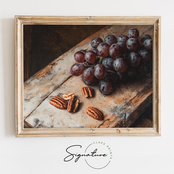 Grapes And Pecans On Rustic Wooden Board Moody Farmhouse Winter Still Life Christmas Kitchen Wall Art Earthy Holiday 2734