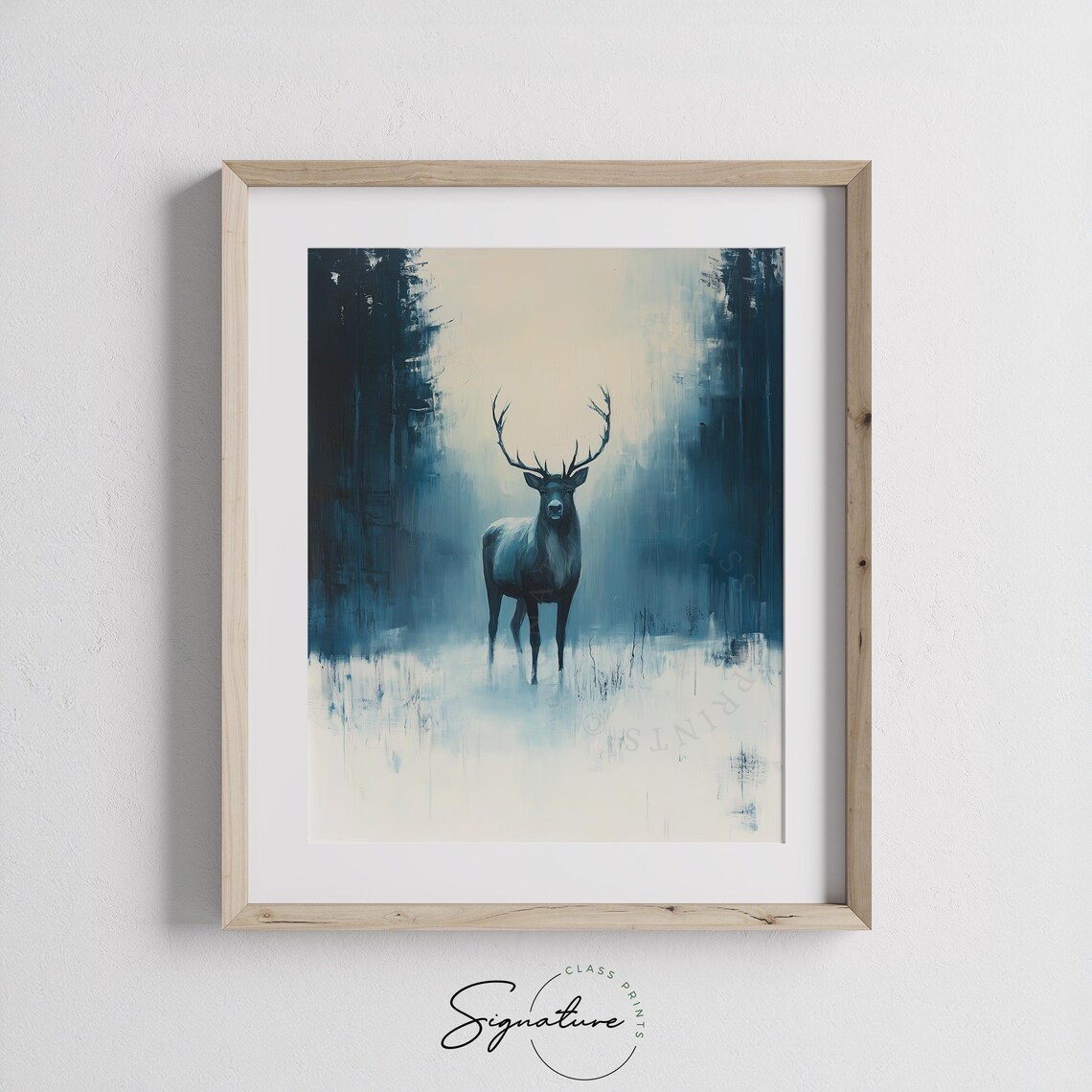 Majestic Stag in Misty Blue Forest Winter Wildlife Oil Painting Print - Image 2