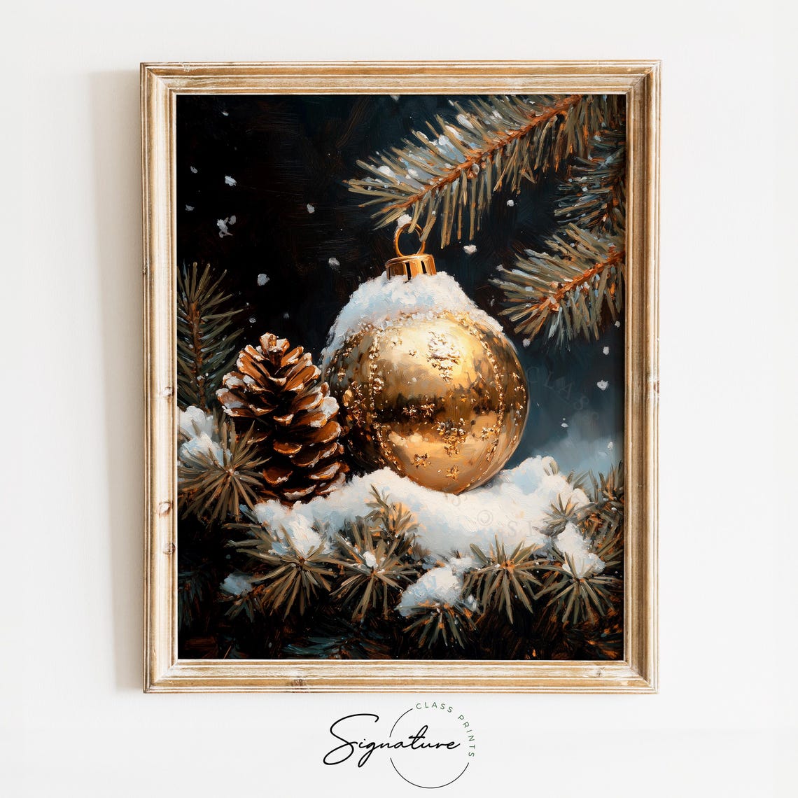 Gold Ornament Hanging From Snowy Branch Pinecone Still Life Poster
