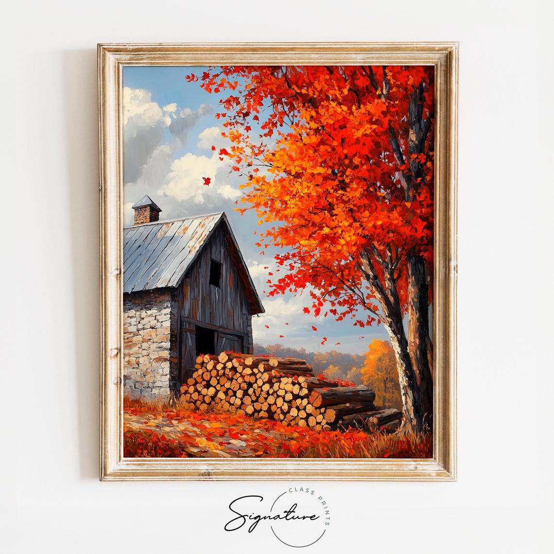 Stone Barn With Stacked Firewood Under Blazing Red Autumn Tree Poster