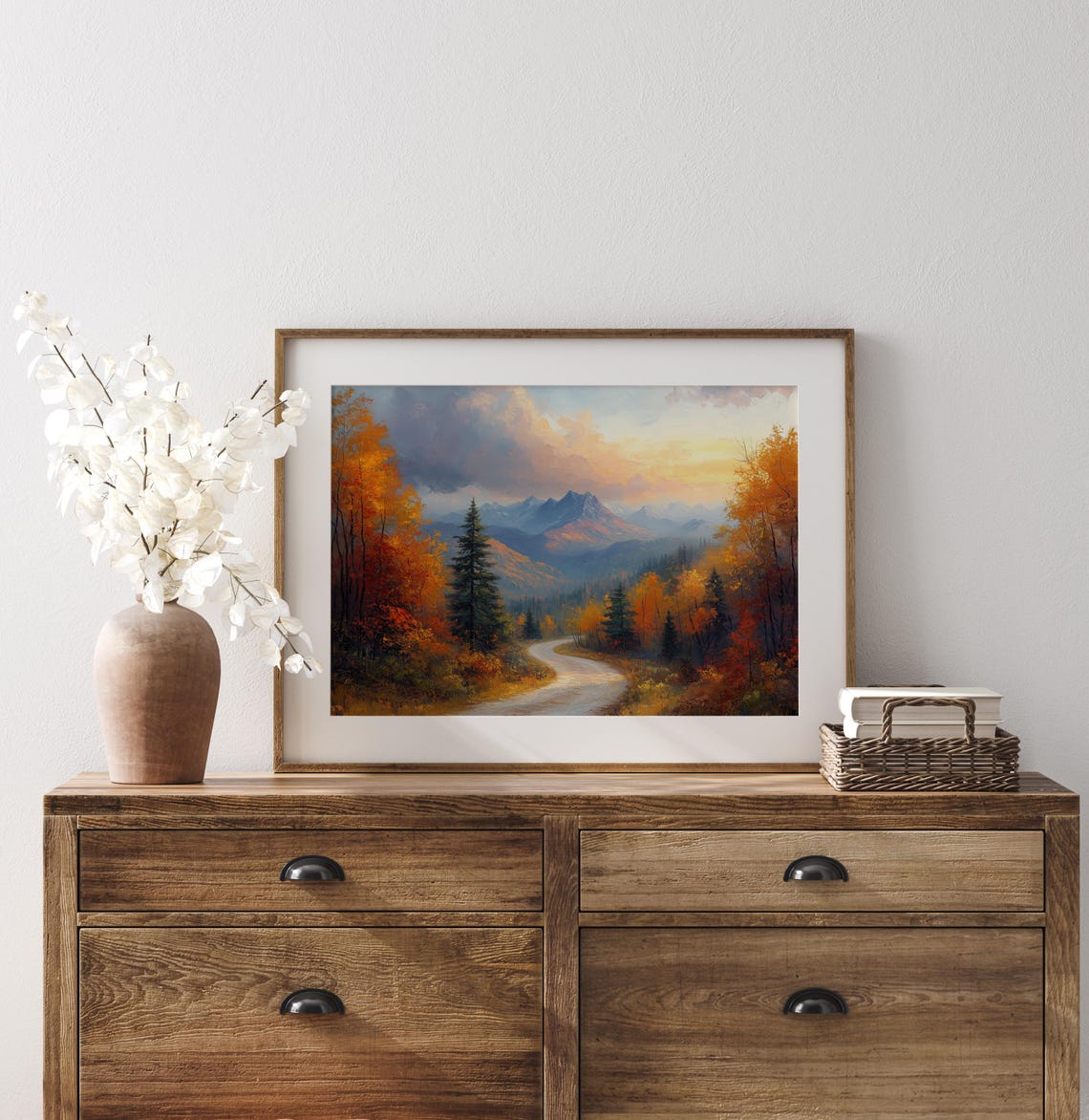 Winding Road Through Autumn Forest Toward Distant Peaks Poster - Image 3