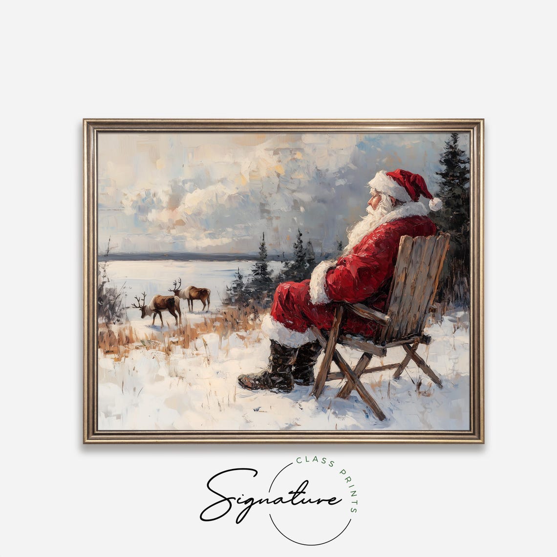 Santa Claus Resting In A Chair Watching Reindeer In Snow Poster - Image 4