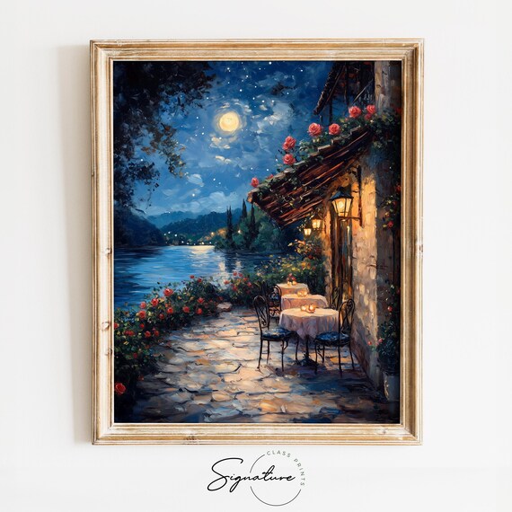Lakeside Patio At Night Romantic Valentines Day Wall Art Moody Cottagecore Scene Rustic Decor Vintage Painting 3558