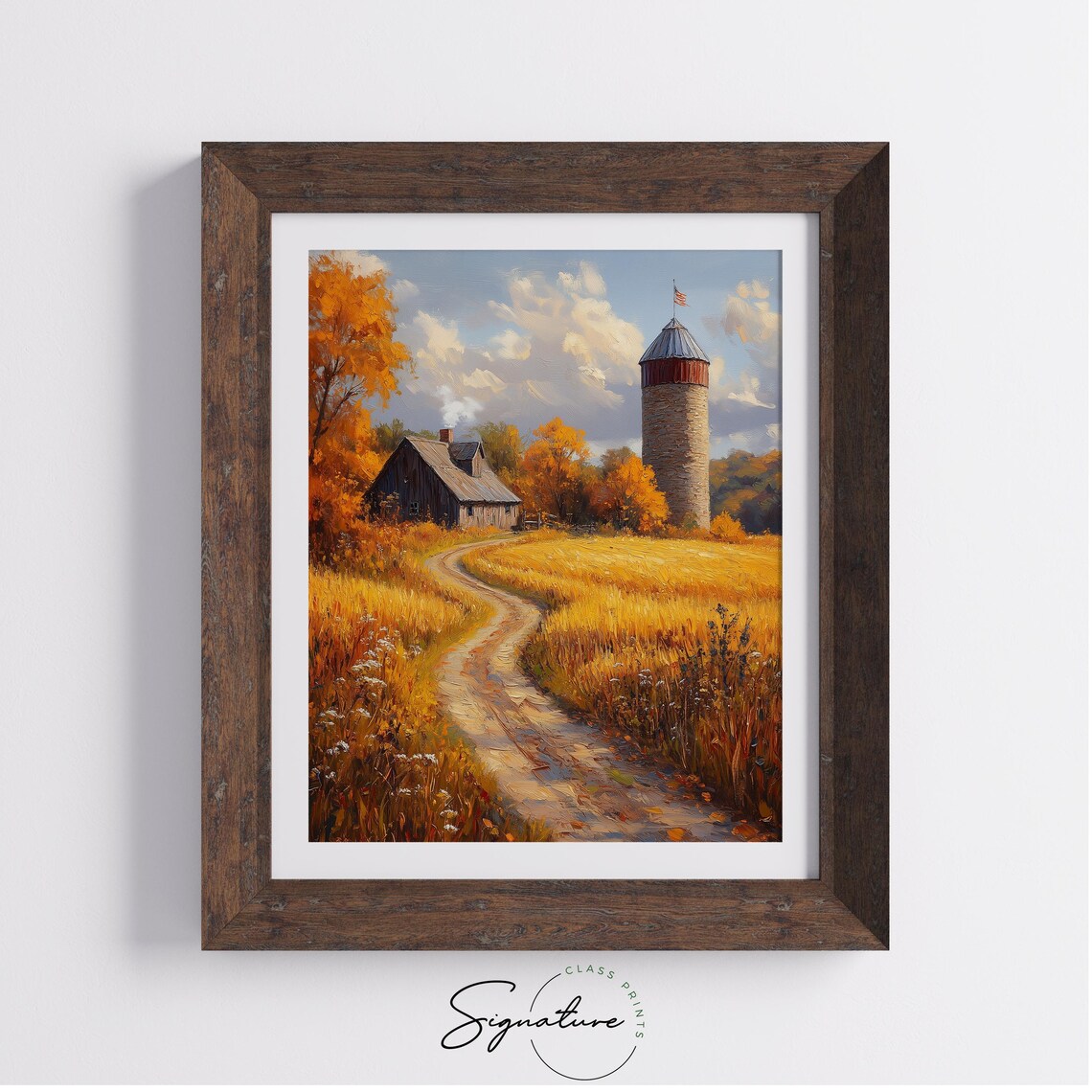 Historic Farm With American Flag Flying Above Silo in Golden Wheat Wall Art - Image 4