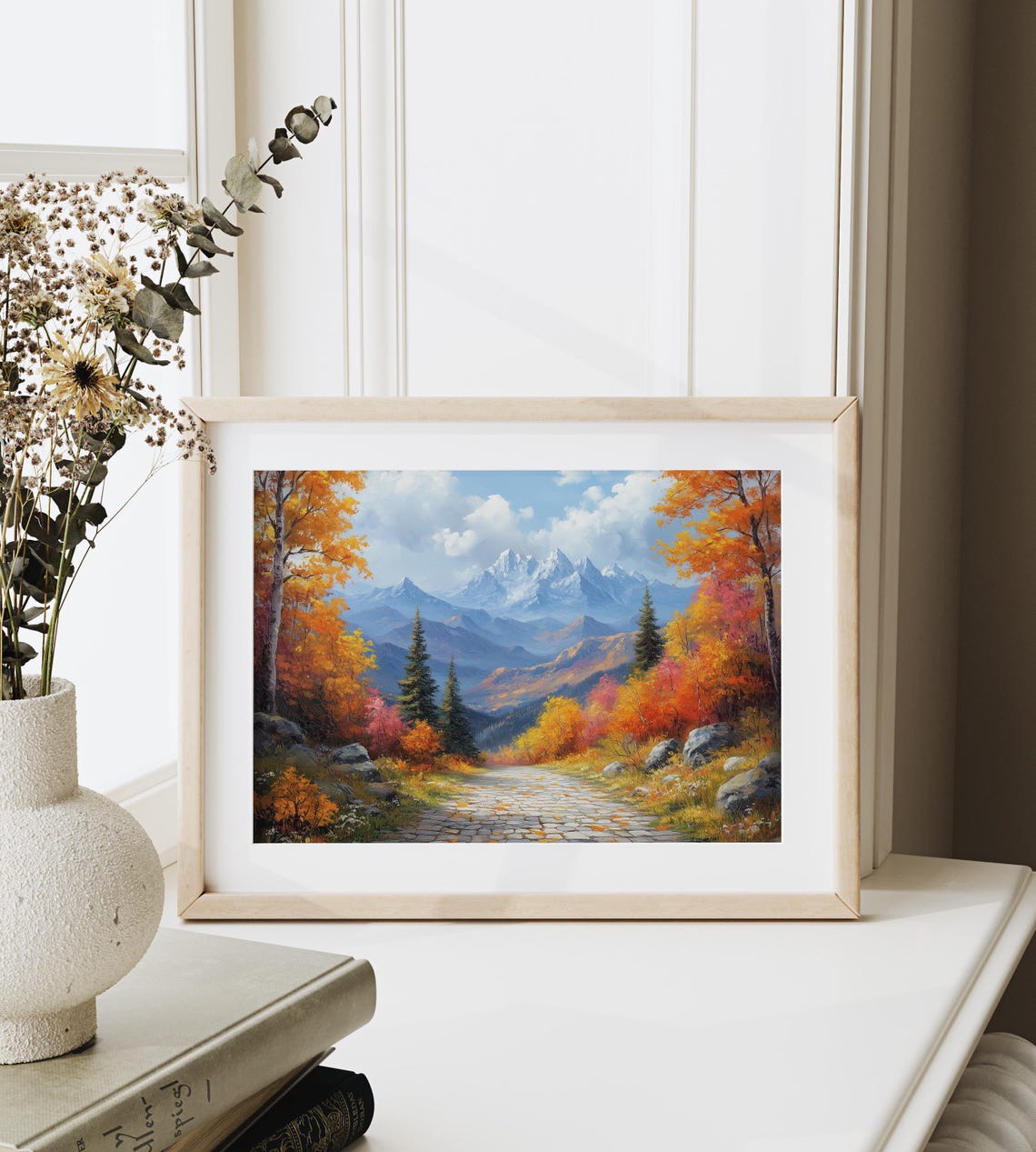 Stone Pathway Through Autumn Forest Toward Snowy Mountains Poster - Image 6