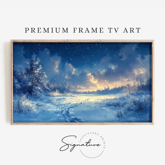 Snowy Field Under Stars Tv Art Winter Landscape Frame Tv Art Moody Nature Painting Deep Colors Wall Decor 3437