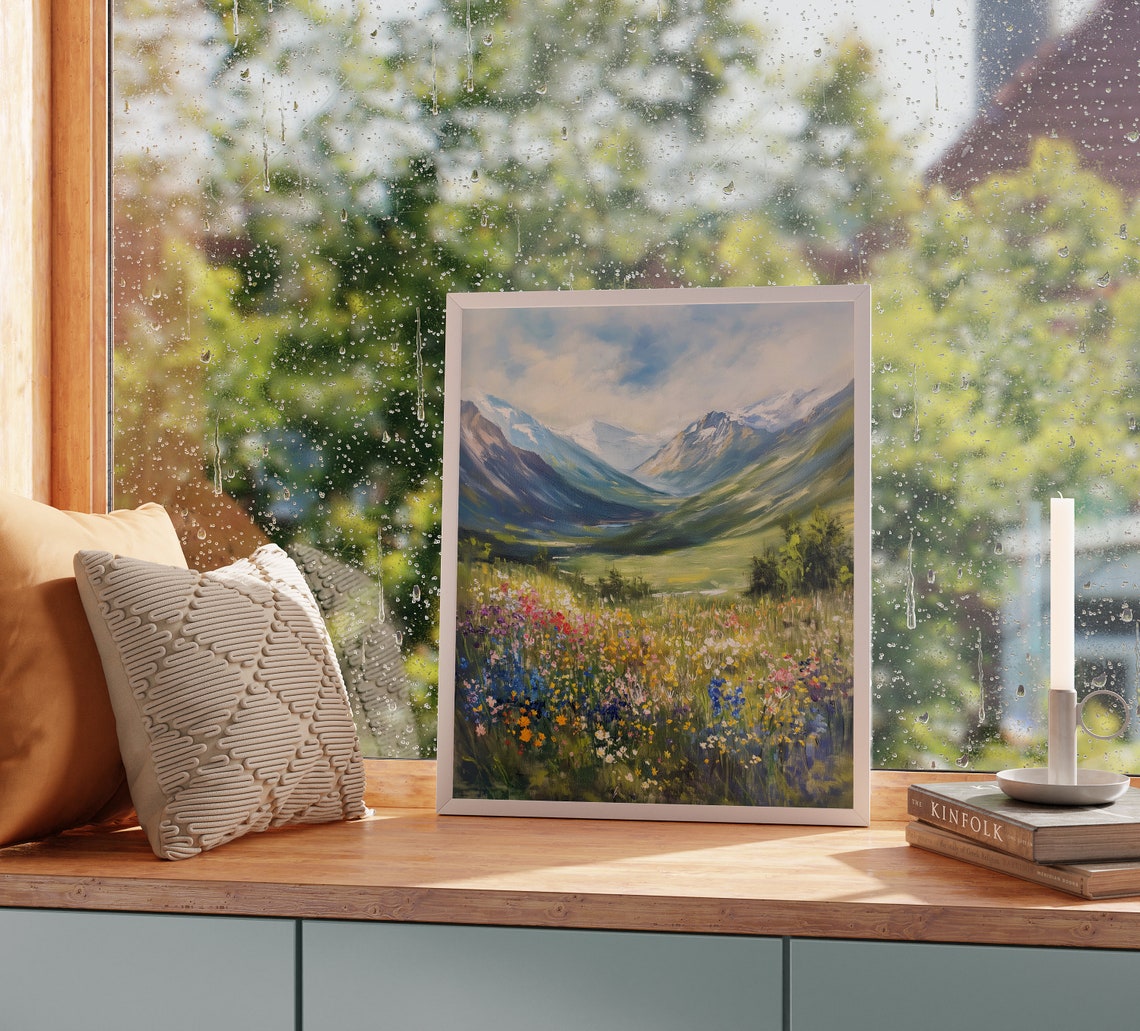 Alpine Valley Wildflower Meadow Beside Lake Mountain View Art Poster - Image 2