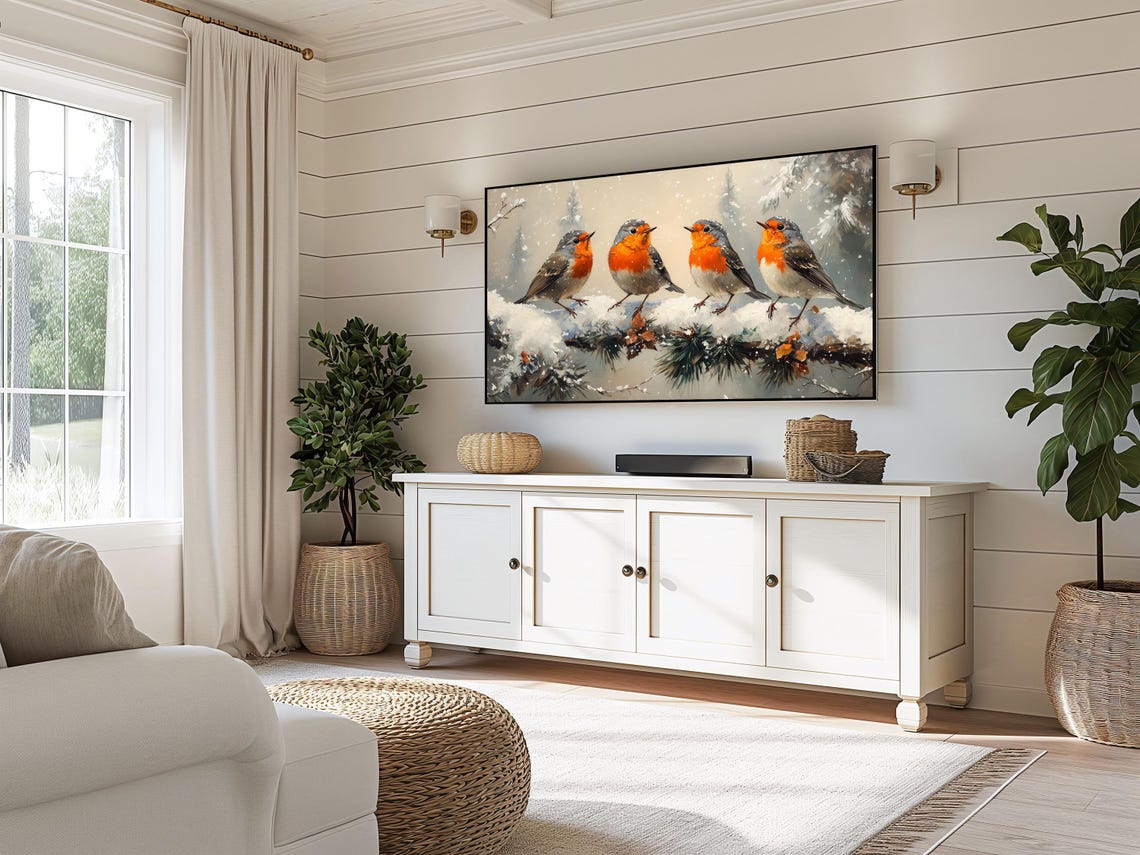 Four Robins on Snowy Branch Falling Snow Rustic Winter Poster - Image 3