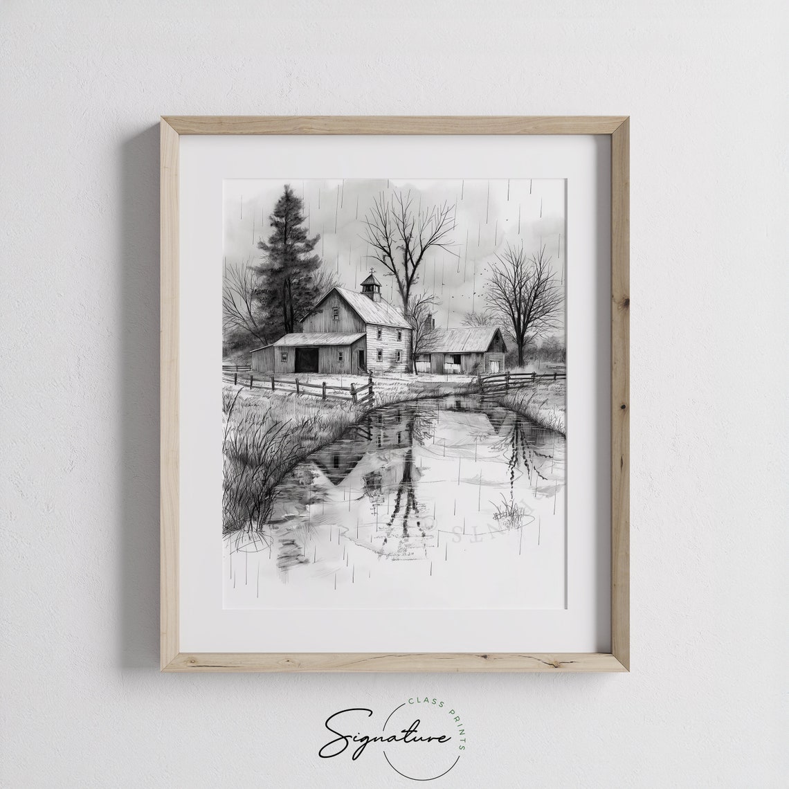 Rainy Day At Rural Farmstead Barn Sketch With Pond Poster Art - Image 3