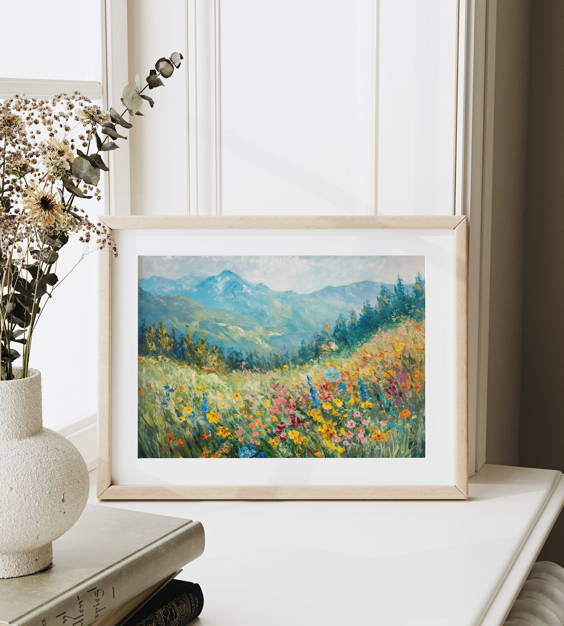 Wildflower Meadow with Blue Mountains Impressionist Oil Painting Poster - Image 6