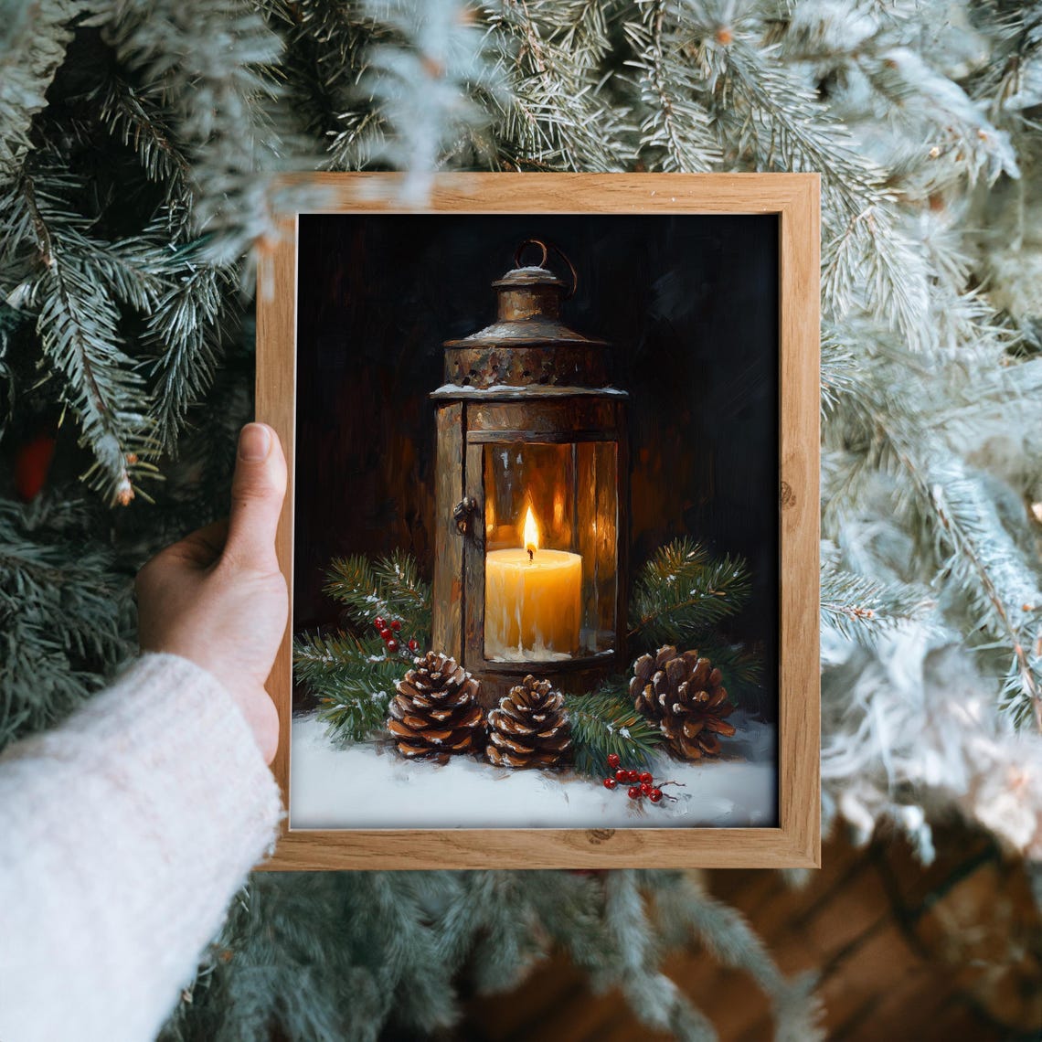 Rustic Lantern With Candle Pinecones And Holly Winter Poster - Image 6