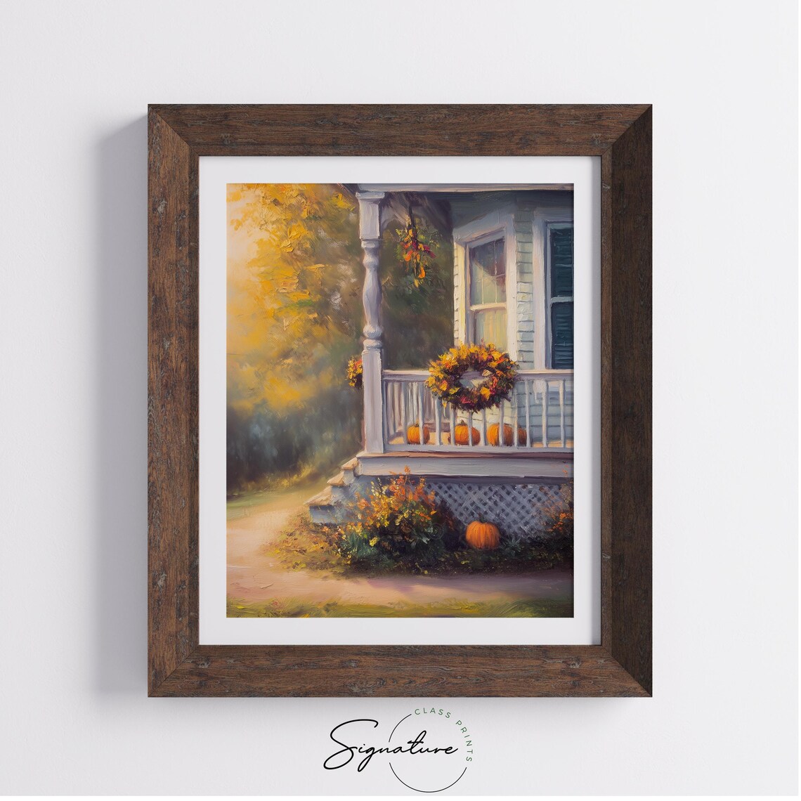 Charming Cottage Porch Decorated with Pumpkins and a Fall Wreath Poster - Image 4