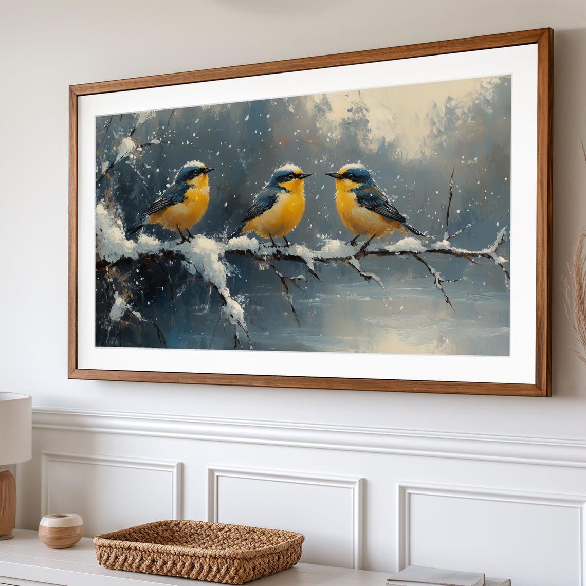 Goldcrest Trio On Snowy Branch In Falling Snow Dark Winter Art Poster - Image 2