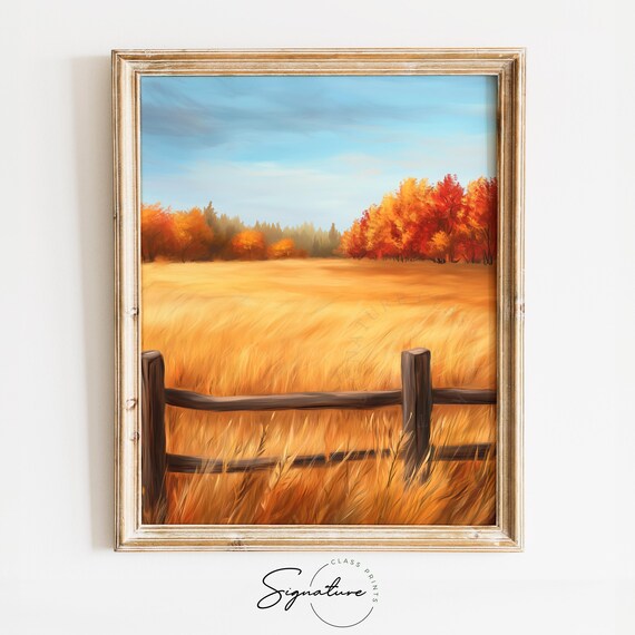 Golden Field and Rustic Rail Fence Under Autumn Sky Landscape Poster
