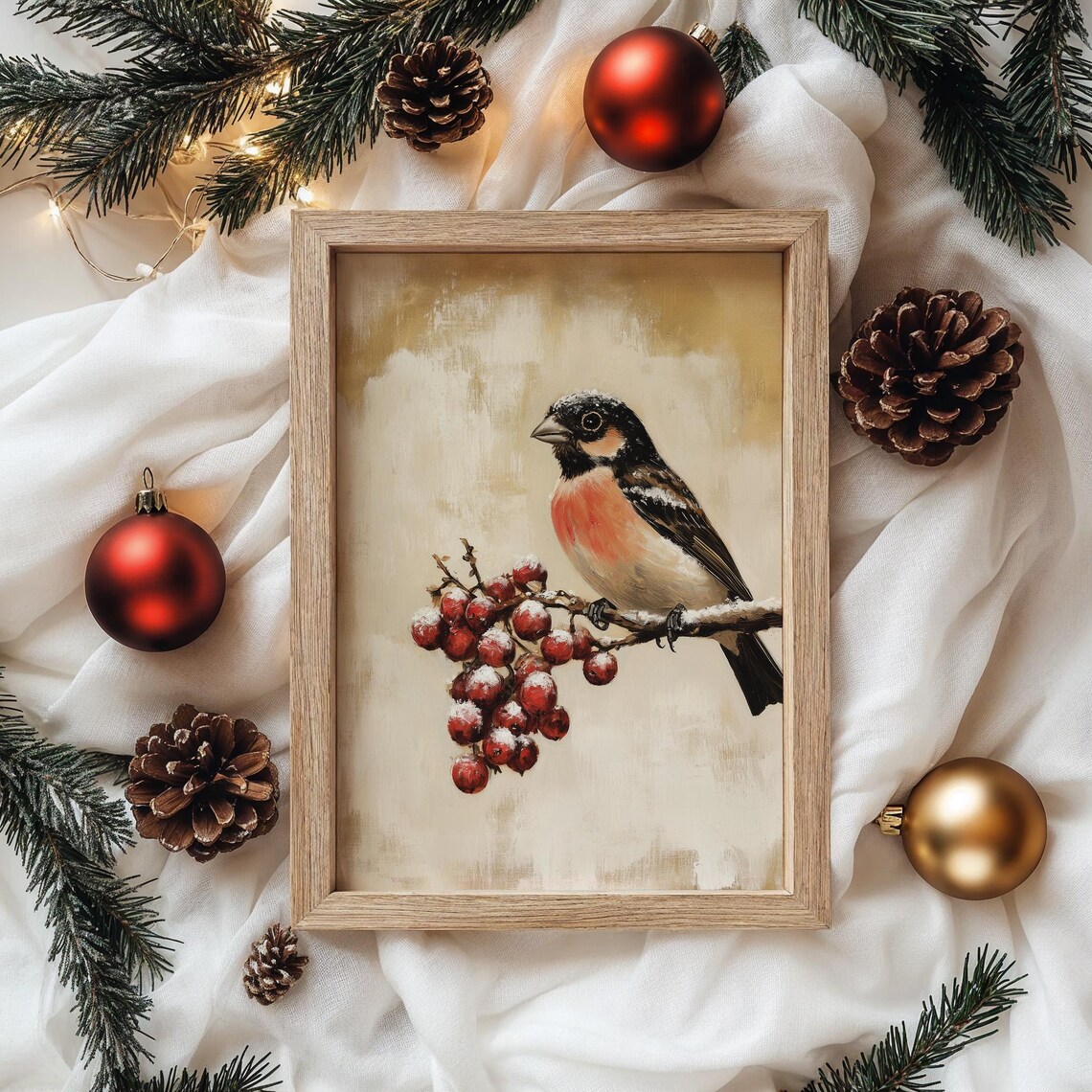 Bullfinch Bird on Frosty Winter Berry Branch Vintage Style Poster - Image 4