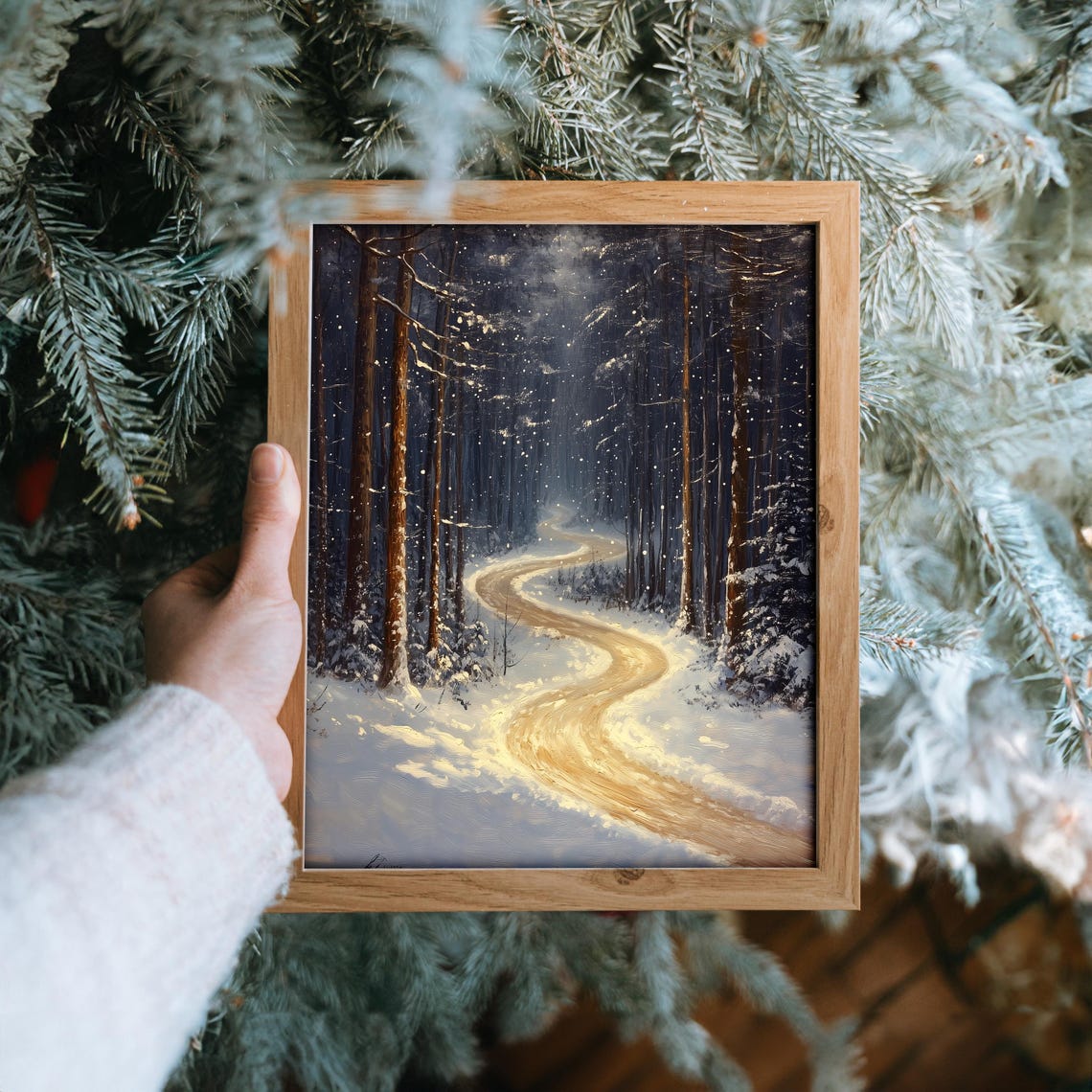 Moonlit Winding Trail Through Snow Laden Pine Forest Night Poster - Image 6