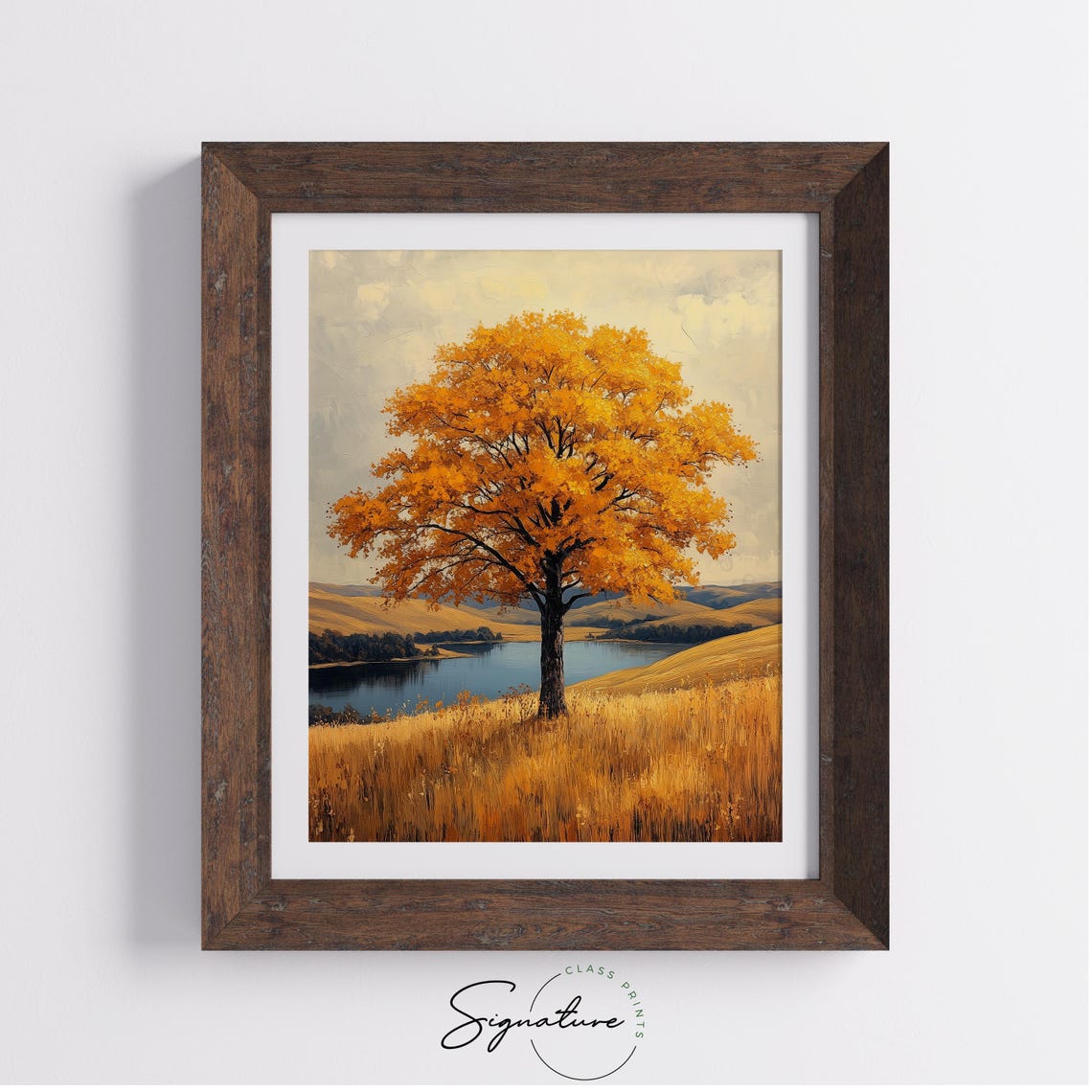 Lone Golden Tree Lakeside Meadow Sunset Landscape Painting Print - Image 4
