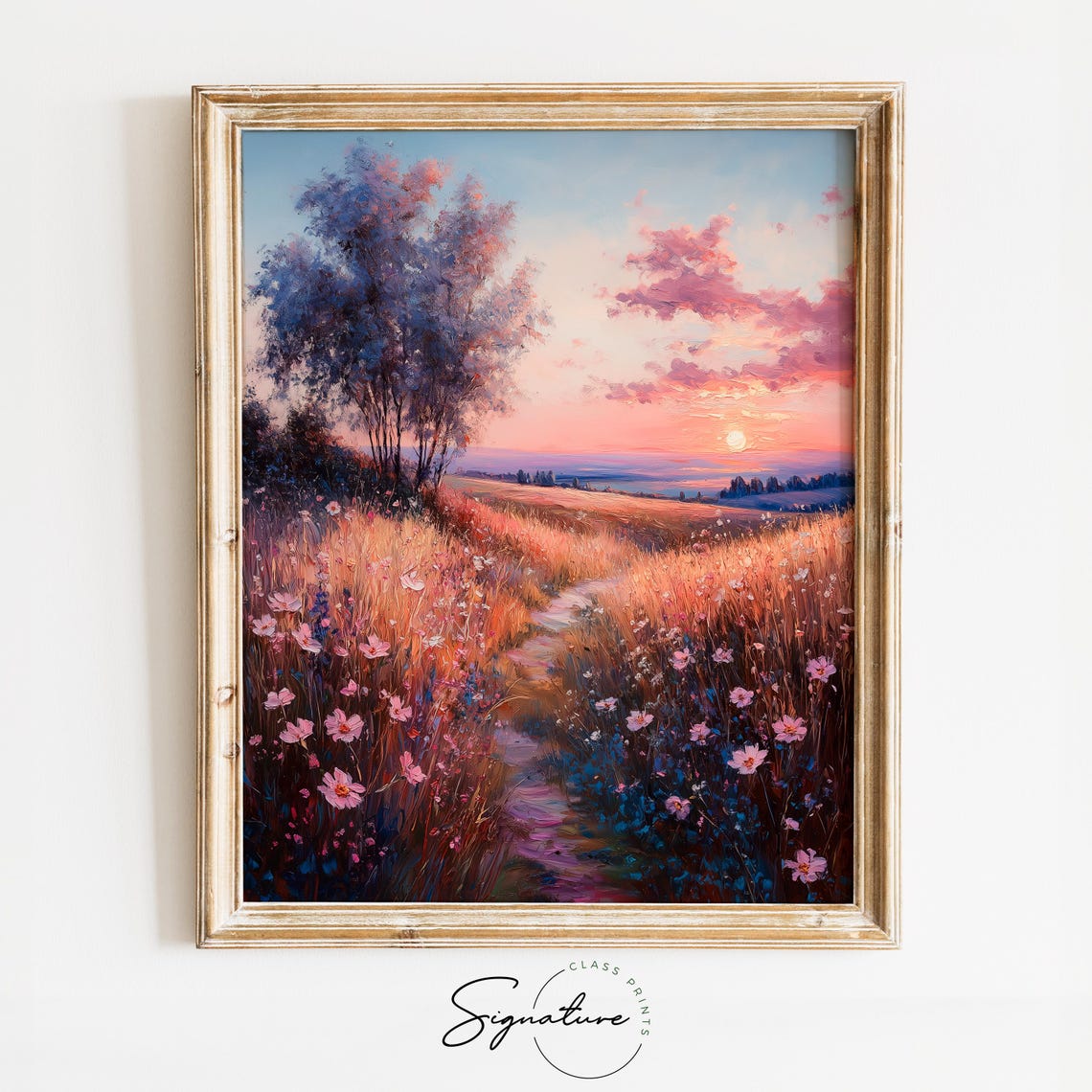 Rolling Meadow Path With Blooming Pink Flowers Romantic Sunset Poster