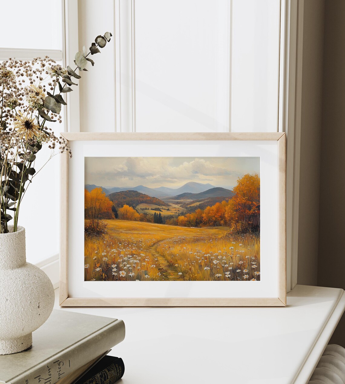 Golden Autumn Meadow With Wildflowers Path To Distant Hills Poster - Image 6