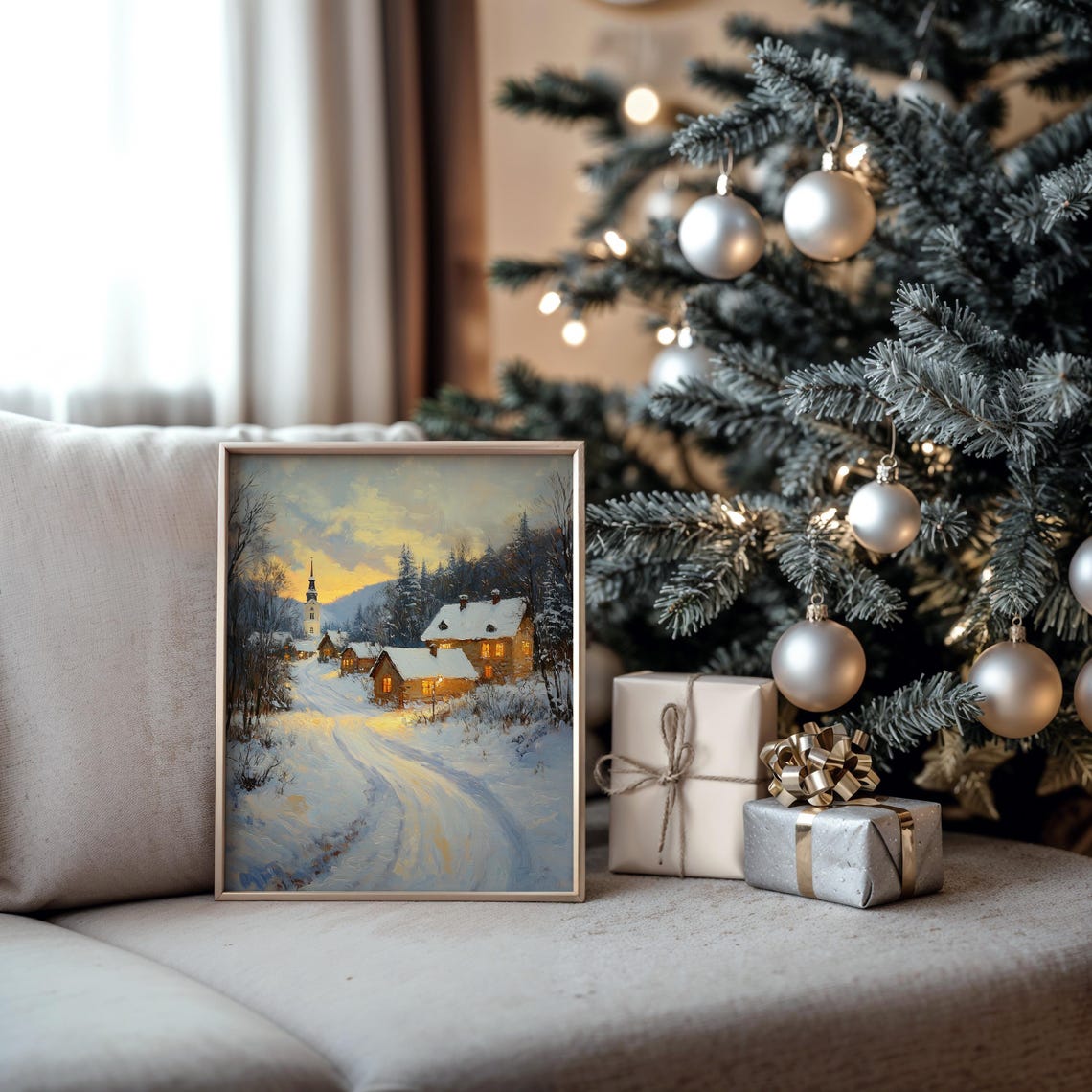 Snowy Village Church at Sunset with Glowing Cottages Holiday Poster - Image 5
