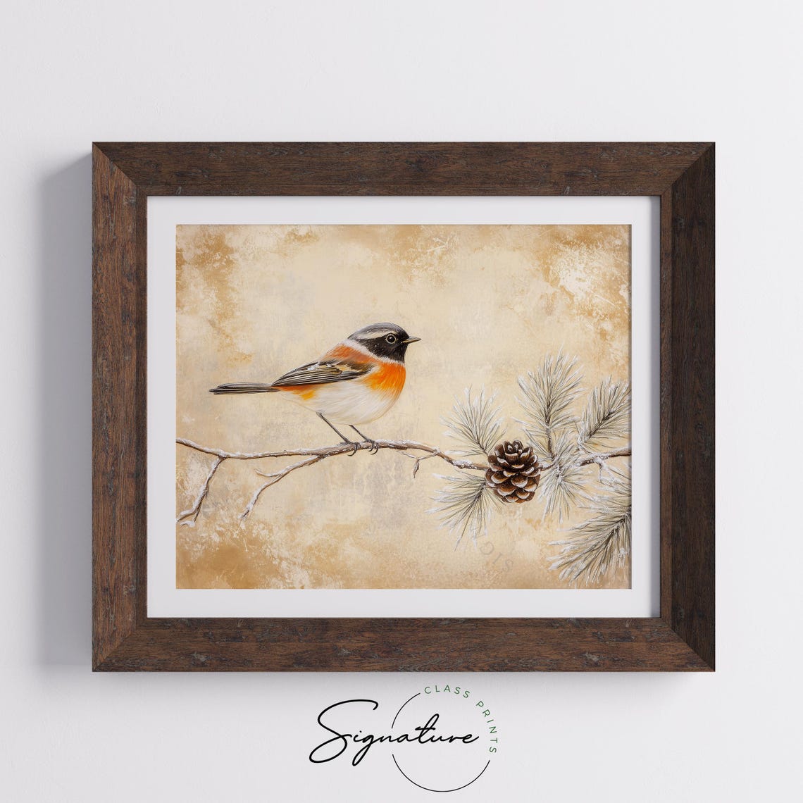 Common Redstart on Frosty Pine Branch Winter Bird Painting Poster - Image 4