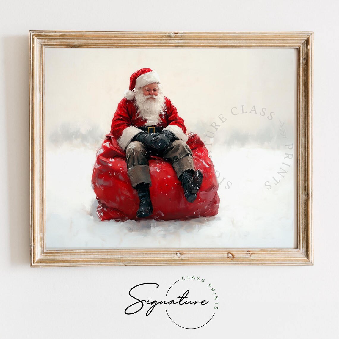 Tired Santa Claus Sitting On A Red Toy Sack In The Snow Art Poster