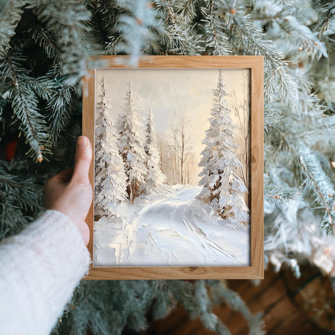 Textured Snowy Forest Path Between Firs Winter Impasto Poster - Image 6
