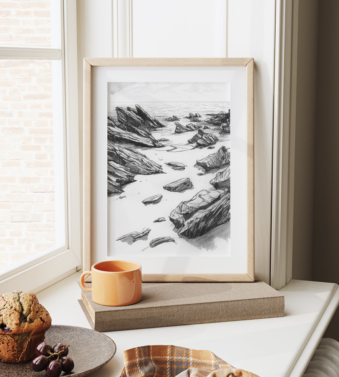 Rocky Shoreline At Low Tide Monochrome Coastal Sketch Ocean Poster - Image 6